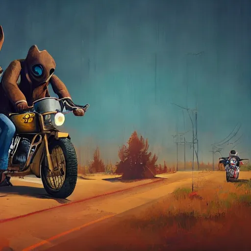 Image similar to bunny wearing a leather jacket riding a motorbike by simon - stalenhag!!!, ultra detailed, 8 k resolution, rule of thirds, dynamic pose, action pose, beautiful landscape