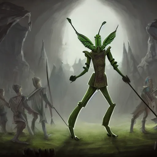 Prompt: full shot of green human-sized Mantis religiosa as a D&D mage wearing white cape; 6 legs; standing on hill with magic wand in one hand; big medival army in the background, archery, horses, catapults, swordmans; fantasy drawing; illustration; Artstation; 8k; wallpapers; heavy contrast; cinematic art; cgsociety; art by Greg Rutkowski and Thomas Kinkade