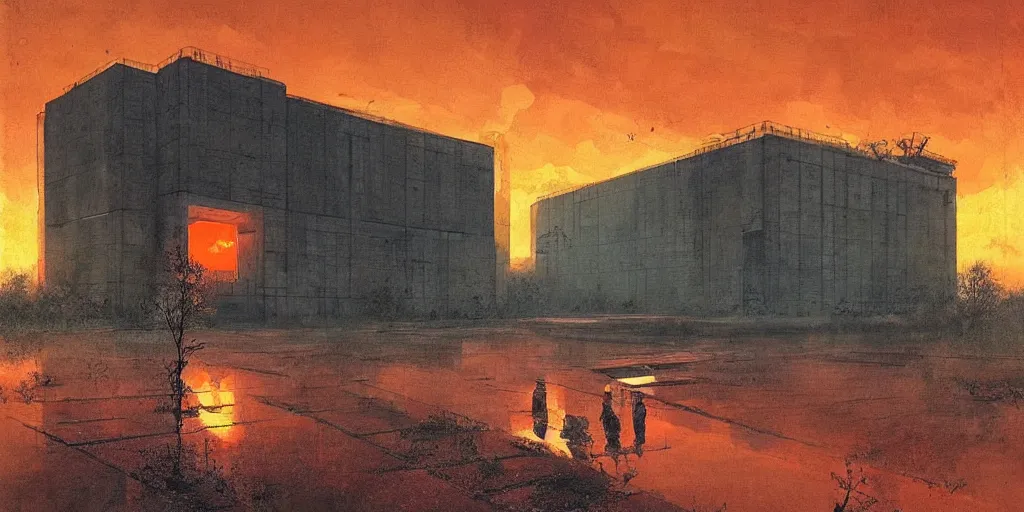 Prompt: huge brutalistic soviet space station by le corbusier, puddles of water, trees, sunset, orange glow, foggy, by greg rutkowski, shishkin, bradley noah