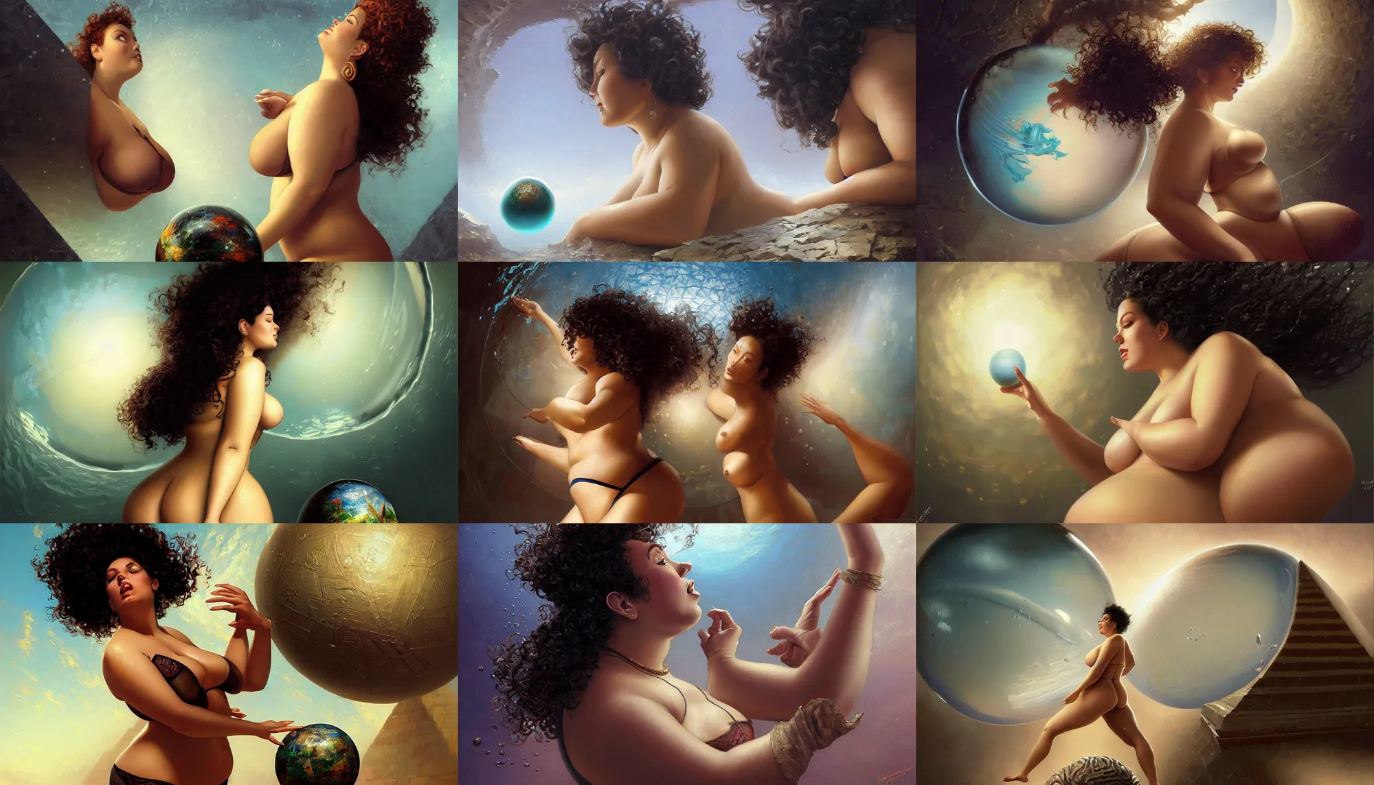 Prompt: an oil painting of a large woman staring at a sphere slowly rolling off the side of a pyramid, underwater, sideview, thin, model, short black curly hair, round face, laced lingerie, amazing composition & dynamic posing, by franz xavier leyendecker, wlop! muted colors, highly detailed, fantasy art by craig mullins, thomas kinkade