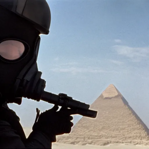 Image similar to a heavily armored man wearing a gasmask, walking over sand dunes, pyramid in background, film still, arriflex 3 5