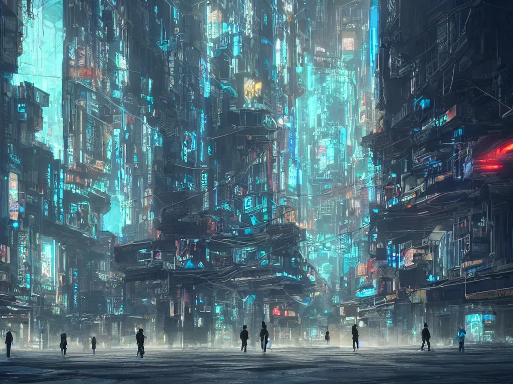 Prompt: lone travelers walking through the remnants of a dystopian city, art deco architecture, technological lights, screens, cyberpunk style, 8 k resolution, by hugh ferris and john smith and noriyoshi ohrai, polished, fine detail, intricate, blue color scheme, cyberpunk style, smooth, octane, concept art, trending on artstation