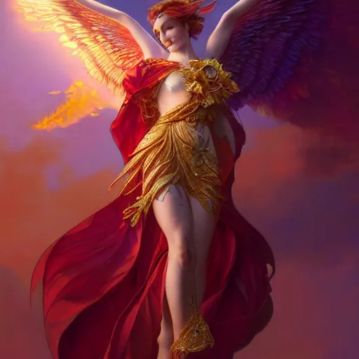 Image similar to a beautiful orchid phoenix angel woman, in an ornamented dress with large wings, volumetric light, god rays, 8 k high resolution, rubies, by greg rutkowski, artgerm, alphonse mucha