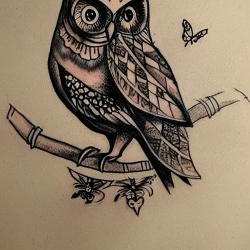 Prompt: a tattoo sketch of an owl and a butterfly