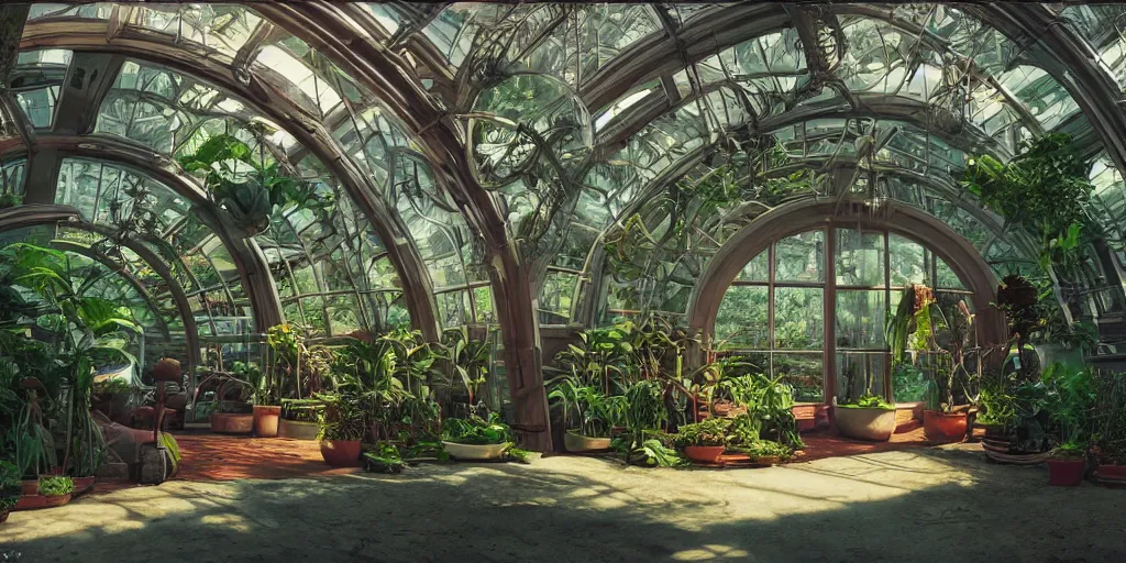 Image similar to alien greenhouse interior with arched windows, inspired by Frank Lloyd Wright, natural sunlight, bright colors, romantic greenery, cinematic, cyberpunk, lofi, calming, dramatic, fantasy, by Moebius, by zdzisław beksiński, cyberpunk LUT, high contrast, epic composition, sci-fi, dreamlike, surreal, angelic, 8k, unreal engine, hyper realistic, fantasy concept art,