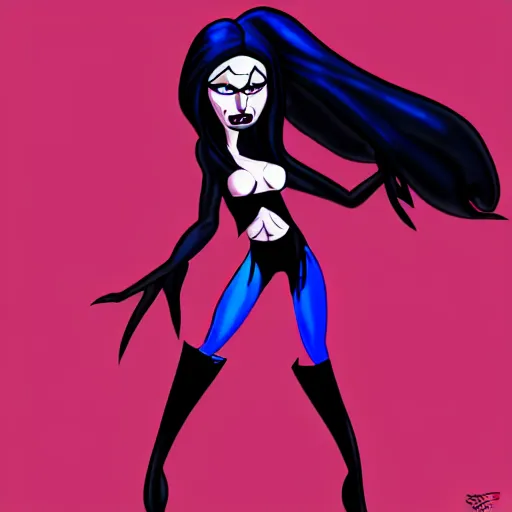 Image similar to dark sorceress in dynamic pose, cartoon style, shadman style