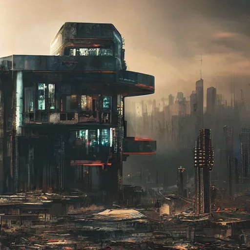 Image similar to dystopian cyberpunk house overlooking a beautiful countryside. Award winning photo