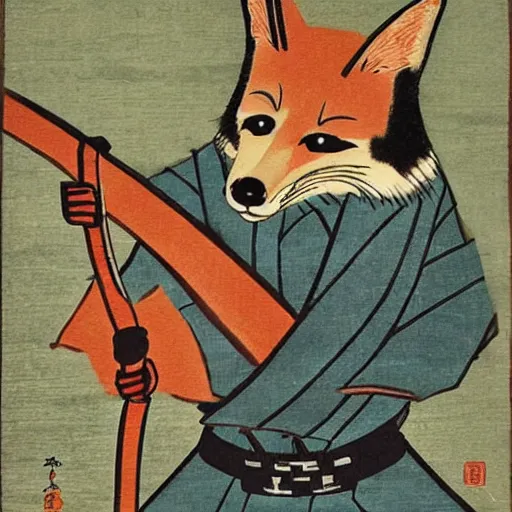 Prompt: Japanese woodblock painting of a foxhound holding a samurai sword