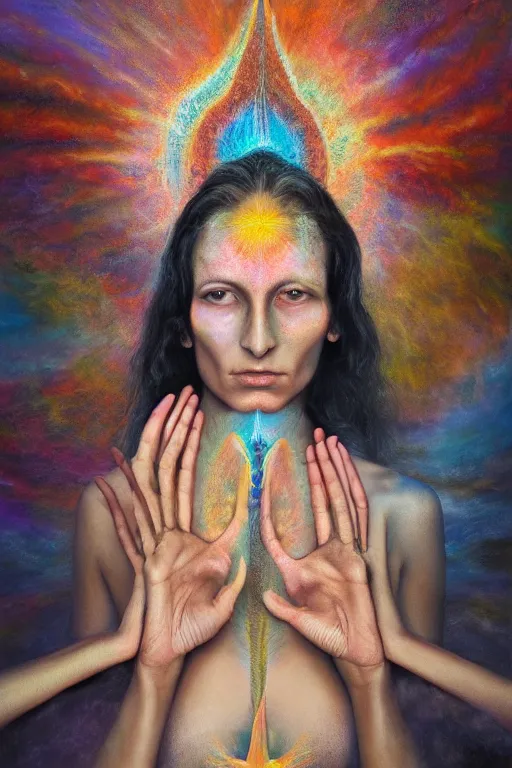 Image similar to transcendental meditation cult woman, opening third eye, chakra energy waves resonating from her body, ethereal aura, epic surrealism 8k oil painting, portrait, perspective, high definition, post modernist layering, by Peter Kemp