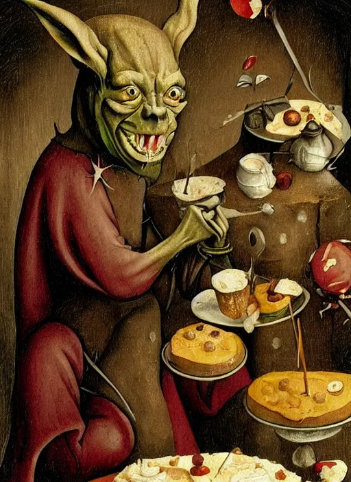 Image similar to medieval goblin eating cakes painted by hieronymus bosch, detailed digital art, trending on Artstation