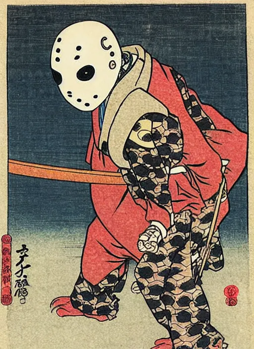 Image similar to jason voorhees as a yokai illustrated by kawanabe kyosai and toriyama sekien