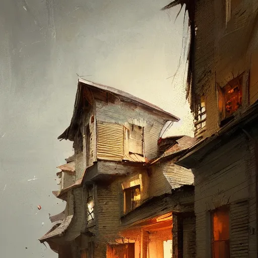 Image similar to two artists painting on a canvas, one paints a beautiful house, the other paints abstract art, by greg rutkowski, matte painting, light study, artstation