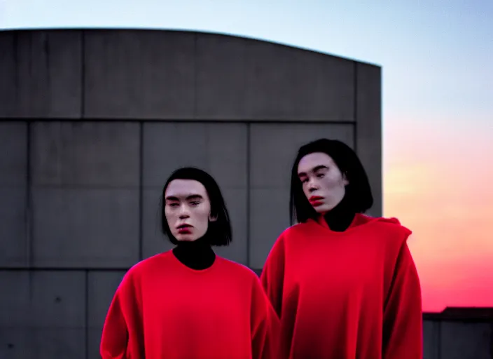 Prompt: cinestill 5 0 d closeup photographic portrait of two clones in front of a brutalist metal building, techwear women, on a desolate plain with a red sky, black oversized clothes, depth of field, 4 k, 8 k, hd, full color