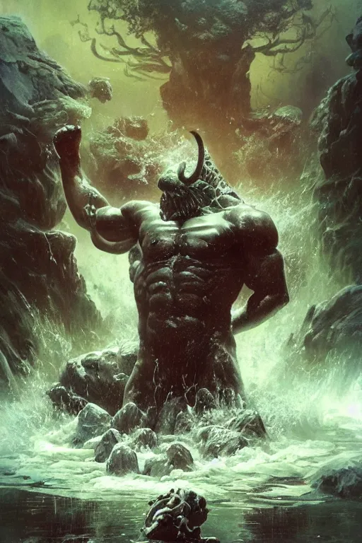 Prompt: a huge muscular demon with ram's horns emerges from a pond on rocky alien world, water splashing cascading, alien flora and fauna, space background nebula nasa, by ruan jia, jack kirby, norman rockwell, wayne barlow, sergey krasovskiy, zdzislaw beksinski, boris vallejo, artstation creature