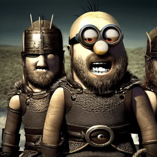 Image similar to The minions in The Vikings Digital art very detailed 4K quality Super Realistic