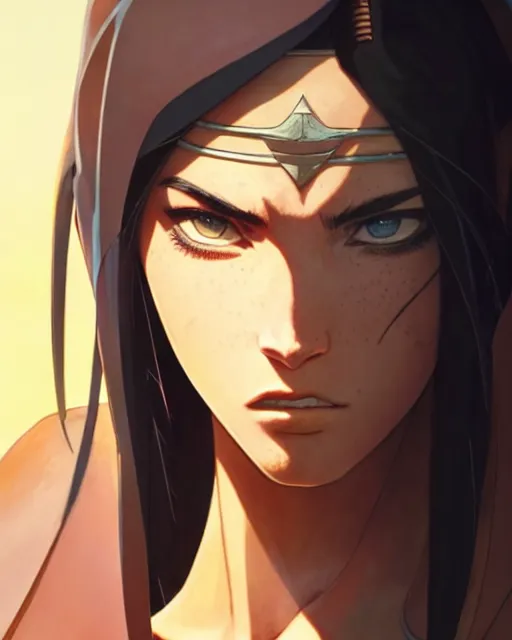 Image similar to azctec warrior, megan fox, detailed perfect face, exquisite details, fire magic, mid view, design on a white background, by studio muti, greg rutkowski makoto shinkai takashi takeuchi studio ghibli