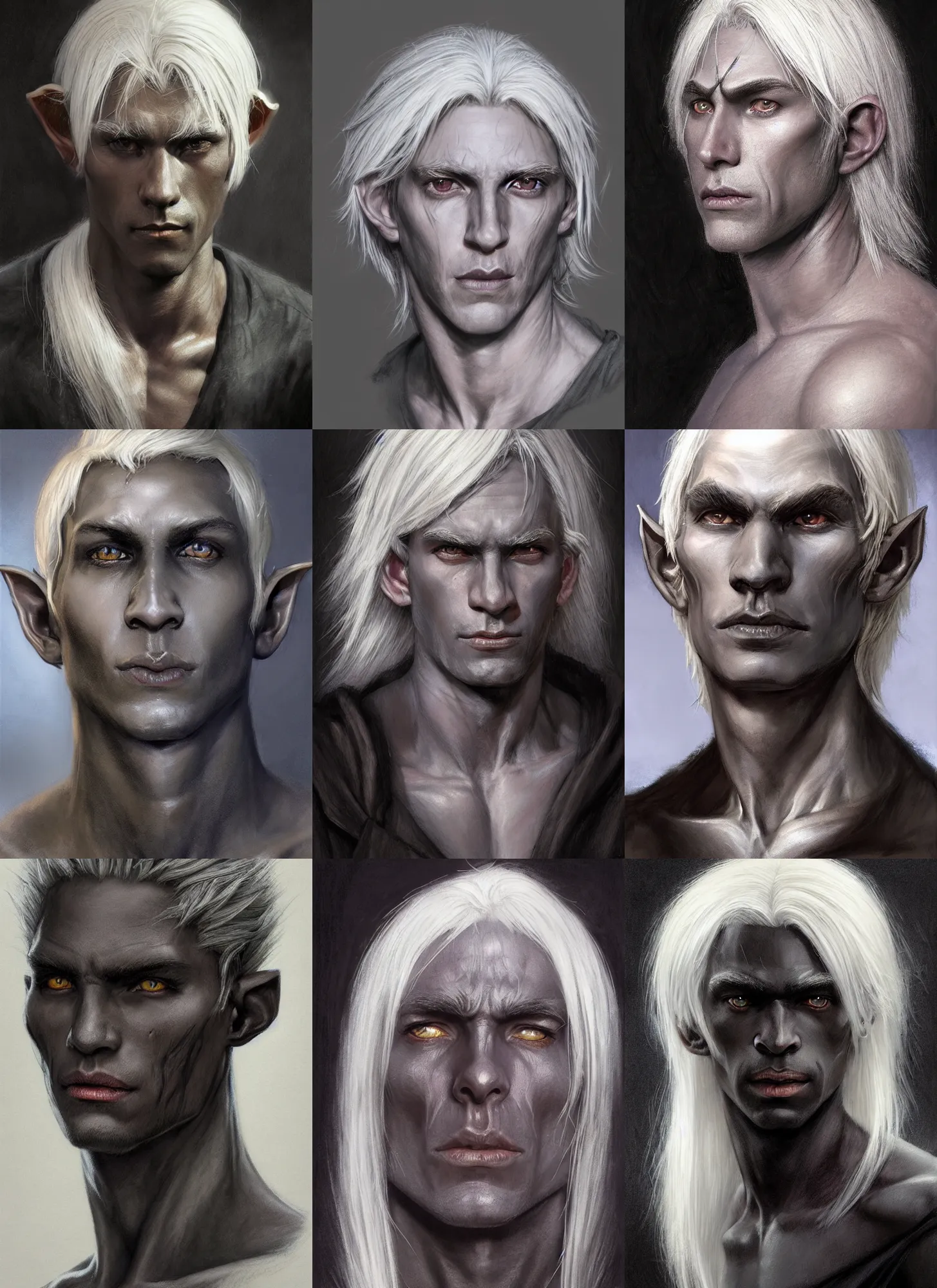 Prompt: a head portrait of a dark drow elf male, medium length white hair, charcoal skin, smooth skin, young adult in with late twenties, happy, pointed chin, charcoal color skin, curious, style by donato giancola, wayne reynolds, jeff easley dramatic light, high detail, cinematic lighting, artstation, dungeons and dragons