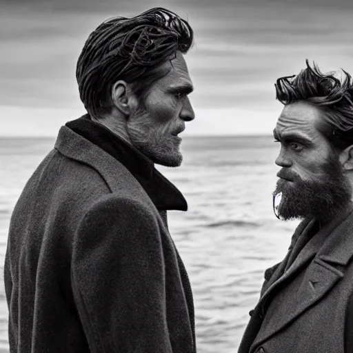 Image similar to Willem Dafoe and Robert Pattinson in The Lighthouse (2019), black and white cinematography