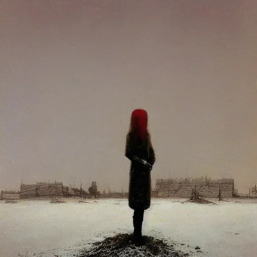 Image similar to a woman covered in white ash with red hair, standing on a post apocalyptic snow fiels with shadows of former civilzations, painted by beksinski