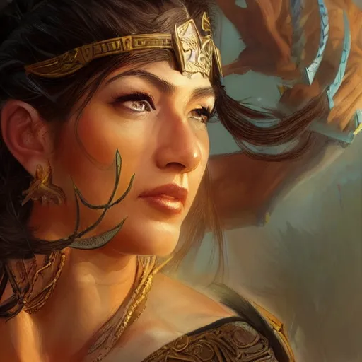 Image similar to Jeff Bezos as a female amazon warrior, closeup, D&D, fantasy, intricate, elegant, highly detailed, digital painting, artstation, concept art, matte, sharp focus, illustration, hearthstone, art by Artgerm and Greg Rutkowski and Alphonse Mucha