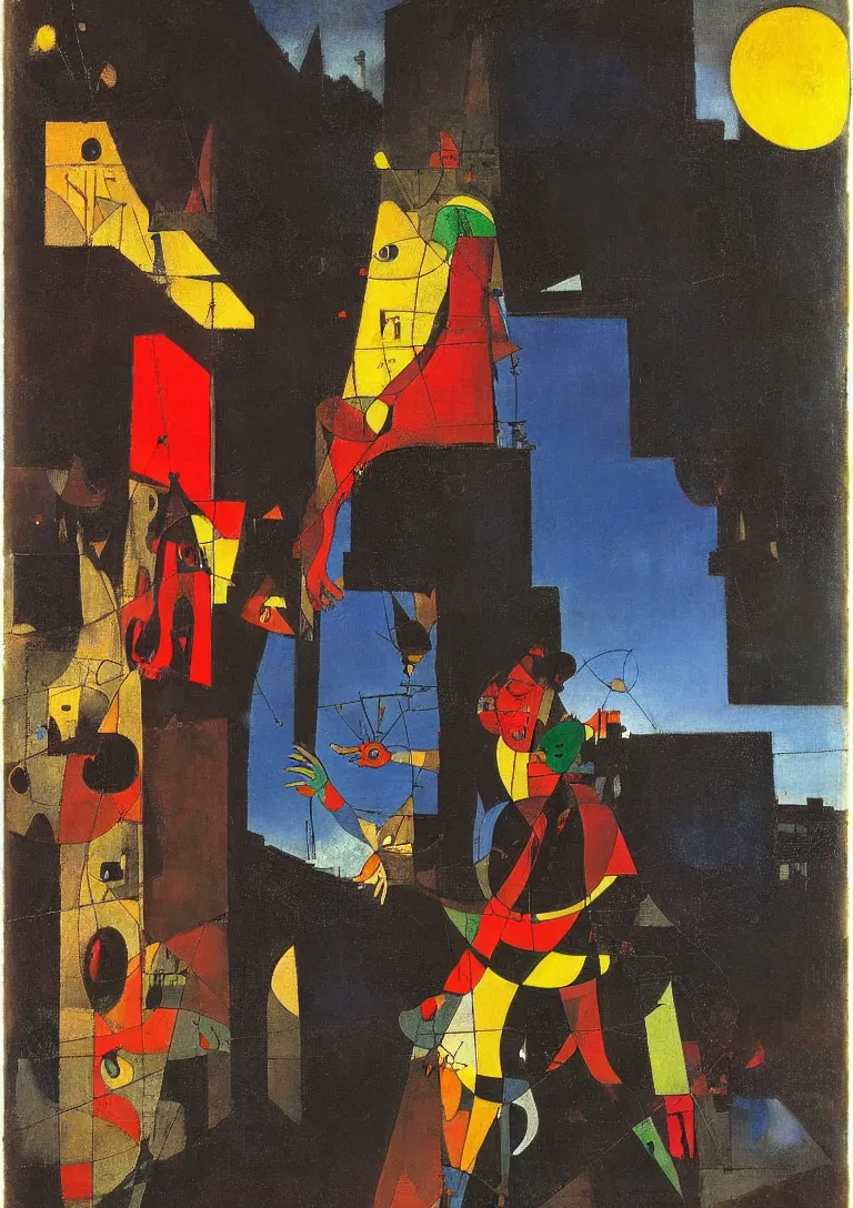 Image similar to a punk latino greek god searching for a watchful light through the streets of a city, complementary color scheme, by george luks, joan miro and moebius