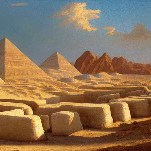 Prompt: Zinc white pyramids in the desert, oil painting, highly detailed, artwork, in style of Albert bierstadt