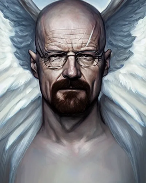 Image similar to walter white winged angel, male!!!!!!!, long white hair, by daniel gerhartz, trending on artstation