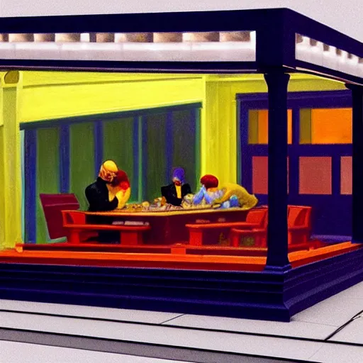 Image similar to a modern dining room design in the style of the nighthawks by edward hopper using 3 d max trending on artstation