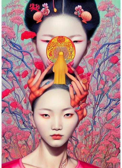 Image similar to pretty chinese model with hallucination mushroom : : by martine johanna and simon stalenhag and chie yoshii and casey weldon and wlop : : ornate, dynamic, particulate, rich colors, intricate, elegant, highly detailed, vogue, harper's bazaar art, fashion magazine, smooth, sharp focus,