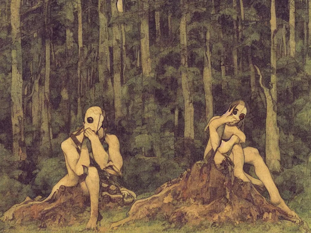 Image similar to Long shot of a sad harlequin demon sitting in the forest on a tree stump and crying. A beautiful Czech mid-century illustration by Puvis de Chavannes