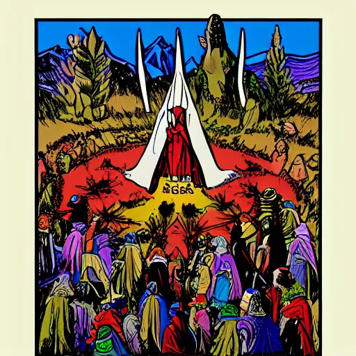 Image similar to a scene from lord of the rings, shamanic ritual run by gandalf, pop art