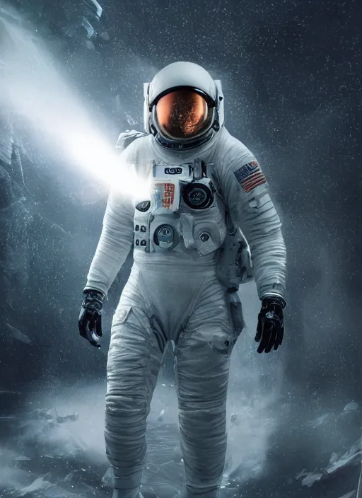 Image similar to complex poster art by craig mullins astronaut in futuristic dark and empty spaceship underwater. infrared glowing lights. complex and hyperdetailed technical suit. reflection and dispersion materials. rays and dispersion of light. volumetric light. 5 0 mm, f / 3 2. noise film photo. flash photography. octane render. interstellar movie poster