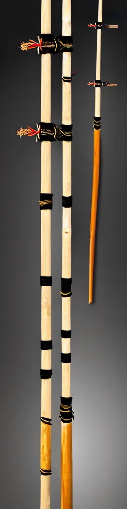 Image similar to picture of a single wooden long straight thin ninja fighting staff with oriental ornaments, weapon, highlight, vertical, centred, symmetric, sci - fi, fantasy, dnd, close shot, bright uniform background, award winning