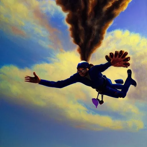 Image similar to egyptian man with long curly hair skydiving, dreamy clouds, pastel tones, by jose miguel roman frances