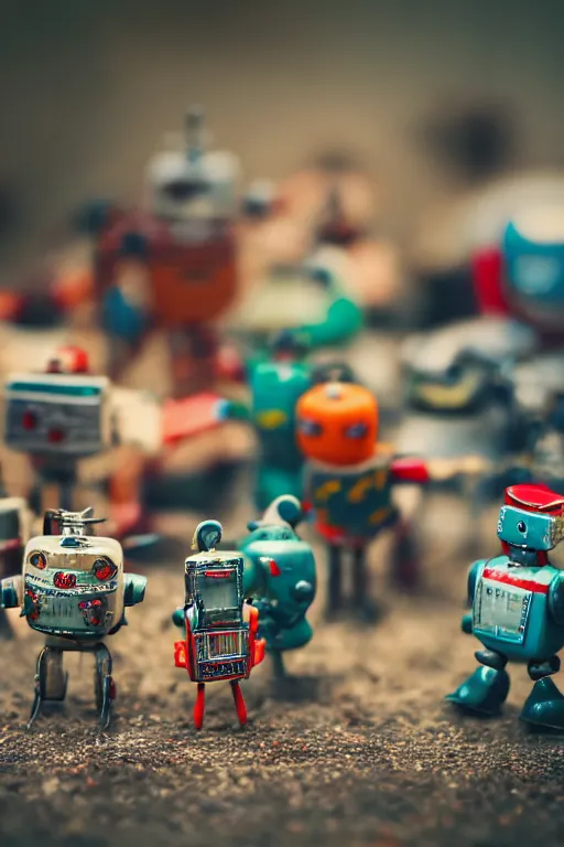 Image similar to high quality presentation photo of a a detailed miniature diorama of retro toy robots invading a detailed model of a 1950s town, photography 4k, f1.8 anamorphic, bokeh, 4k, Canon, Nikon