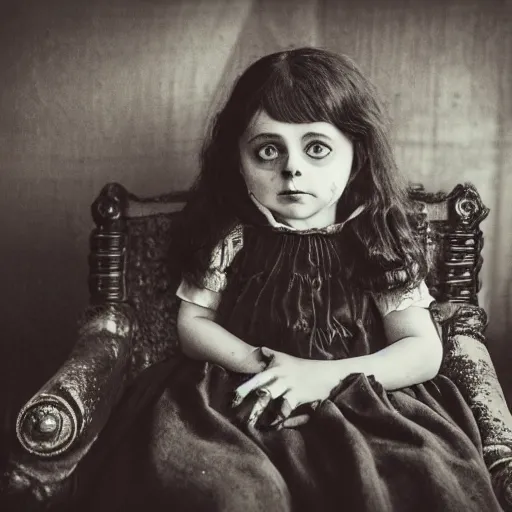 Image similar to a photo of young sad victorian gothic child with big eyes and wide grin sitting on a sofa of bones surrounded by a cyber futuristic cityscape made of human body parts, lighting, 5 0 mm, perfect faces, award winning phhotography