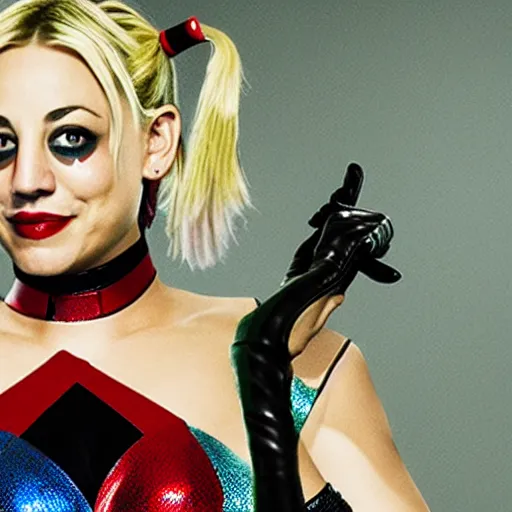 Image similar to A still of Kaley Cuoco as Harley Quinn