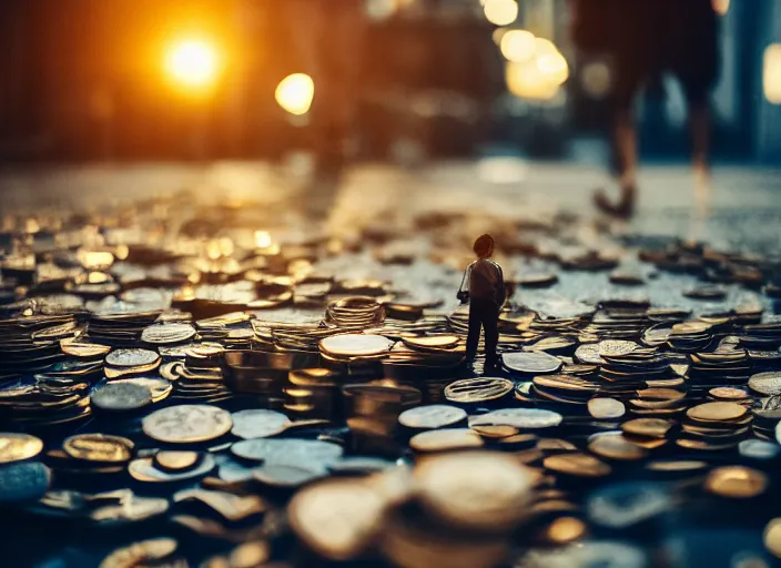 Image similar to a 3 5 mm photo from the back of a man walking over piles of coins, splash art, movie still, bokeh, canon 5 0 mm, cinematic lighting, dramatic, film, photography, golden hour, depth of field, award - winning, anamorphic lens flare, 8 k, hyper detailed, 3 5 mm film grain