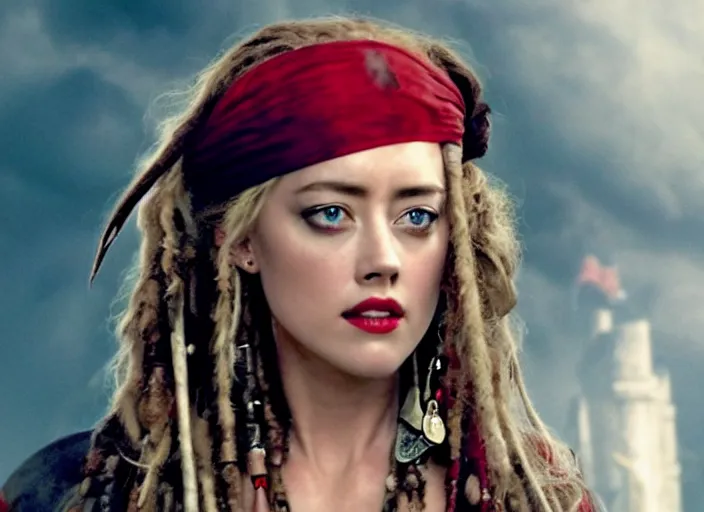 Image similar to film still of amber heard as captain jack sparrow in the new pirates of the carribean movie, 4 k