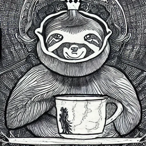Image similar to sloth as the king of cups, full view, traditional art