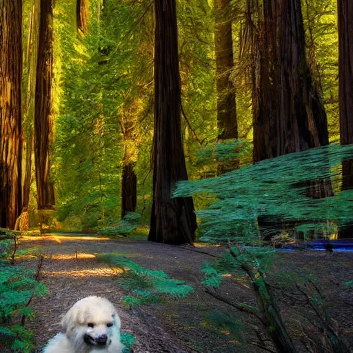 Prompt: a river winding through a magical redwood forest at sunset with a lidar robot dog standing in the foreground