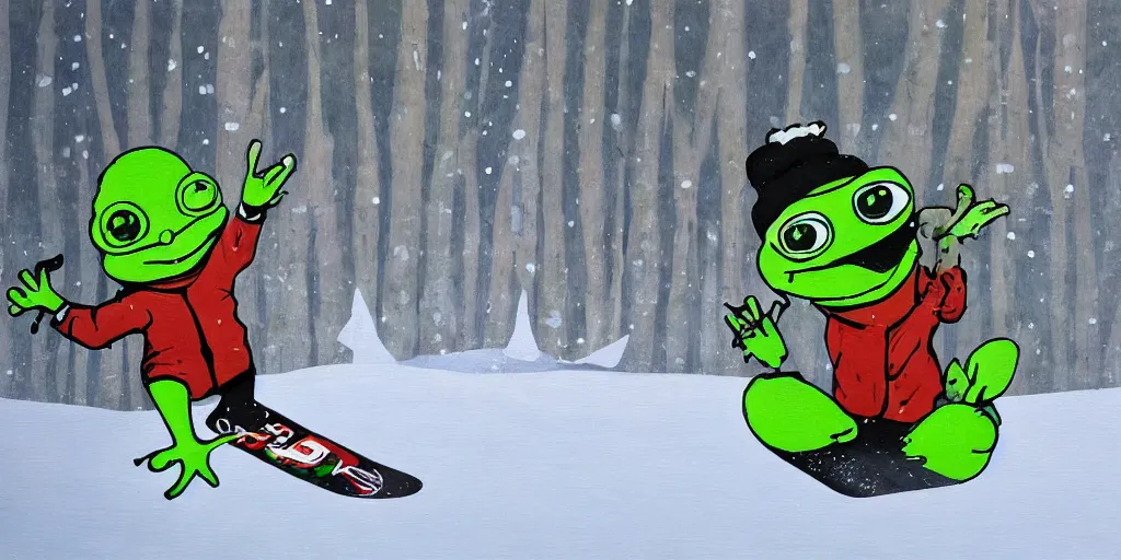 Prompt: pepe the frog snowboarding painted by gustaf cederstrom