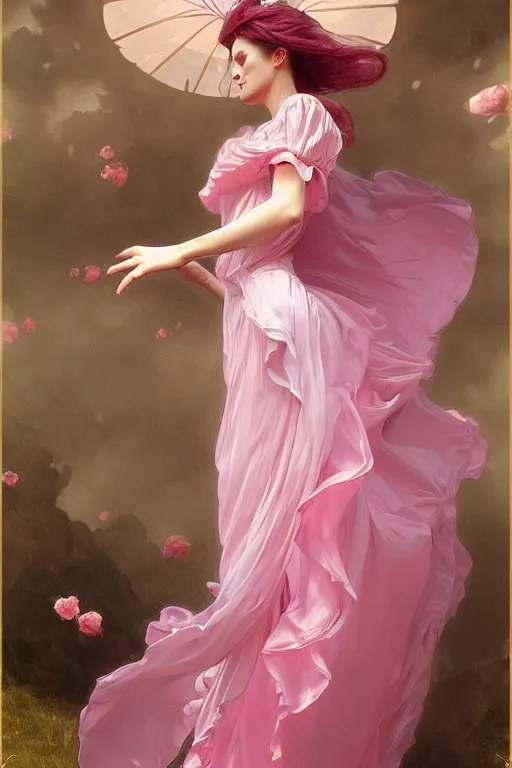 Image similar to woman dressed in a vaporous wrapped large victorian pink roses silk semi-transparent dress fashion is running, D&D, fantasy, intricate, elegant, highly detailed, digital painting, artstation, concept art, matte, sharp focus, illustration, art by Artgerm and Greg Rutkowski and Alphonse Mucha