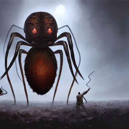 Prompt: a man standing in front of a giant spider, foggy scene. concept art by jason a. engle, cgsociety, fantasy art, concept art, lovecraftian, apocalypse art.