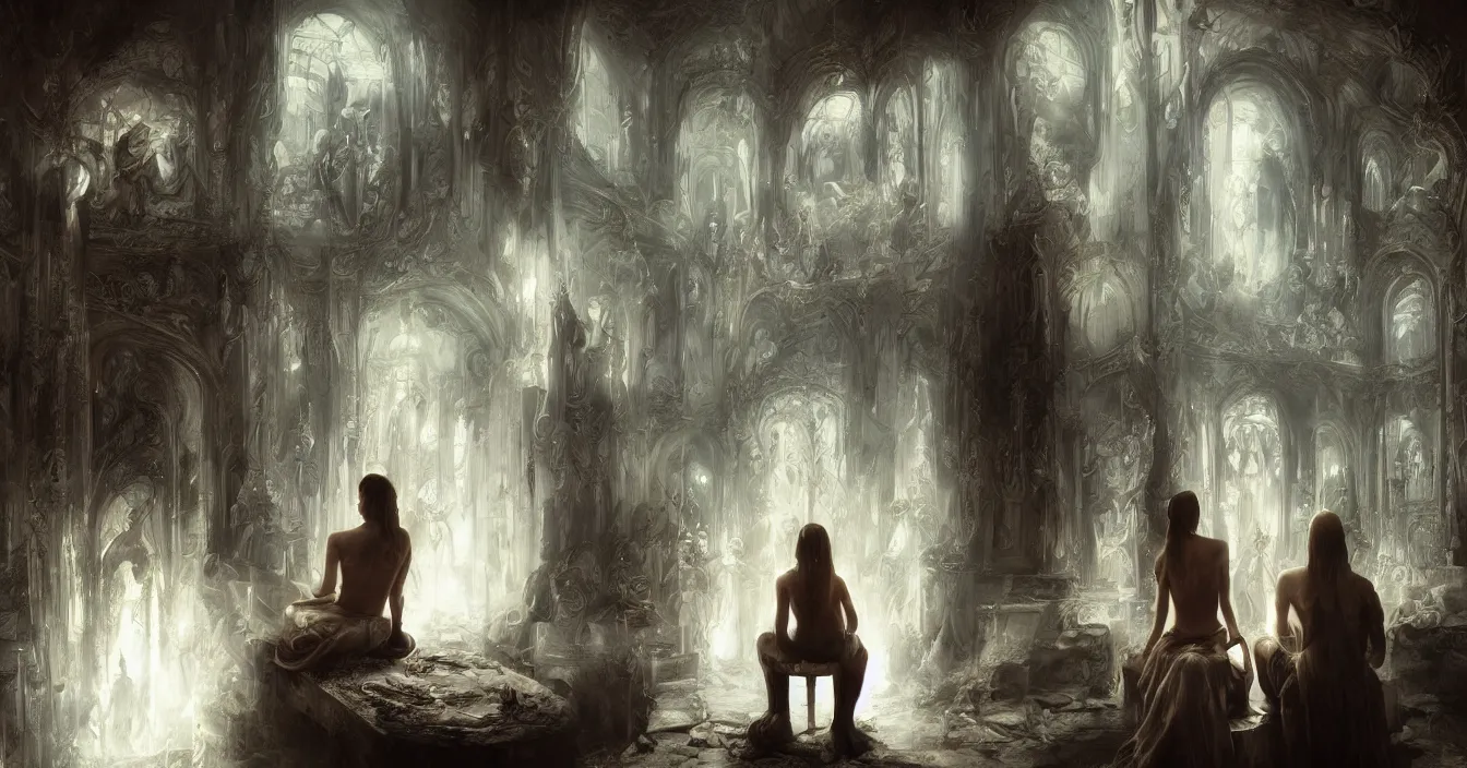 Prompt: rear view of the seated souls watching wise light of consciousness reflecting their lives in pure mirrors of illusions, trapped egos in physical reality, deep sense of spirituality, visual plasticity, shading in vray, style of bastien lecouffe deharme