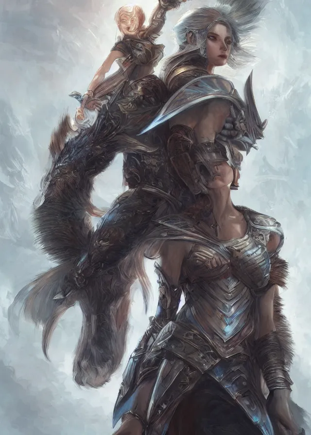 Image similar to a beautiful hyper realistic detailed epic concept art showing a noble knight women and her spirit raccoon above her, by artgerm, charlie bowater, in the style of dragon age, featured on artstation