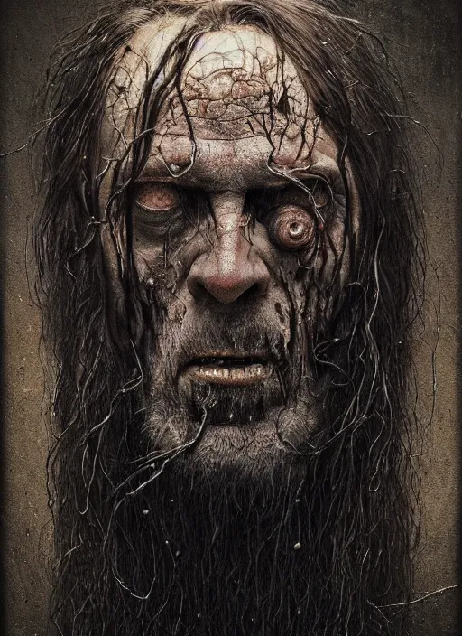 Prompt: portrait of a 6 0 year old giant man zombie with long tattered tangles of thinning black hair, eerie glowing eyes, wall hanging trophy taxidermy, hyper realistic head, fantasy art, in the style of greg rutkowski, zdizslaw beksinski, intricate, alphonse mucha, hyper detailed, smooth