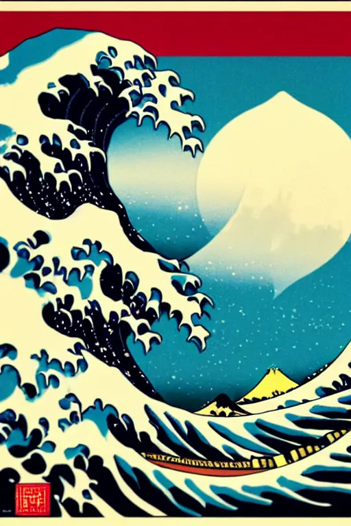 Prompt: Shepard Fairey Poster of The Great Wave off Kanagawa, Moon in the background, fine art photography