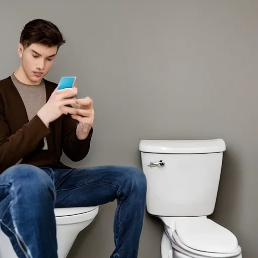 Image similar to dream an attractive young man sitting on top of the toilet scrolling tiktok on his iphone, distant thoughtful look