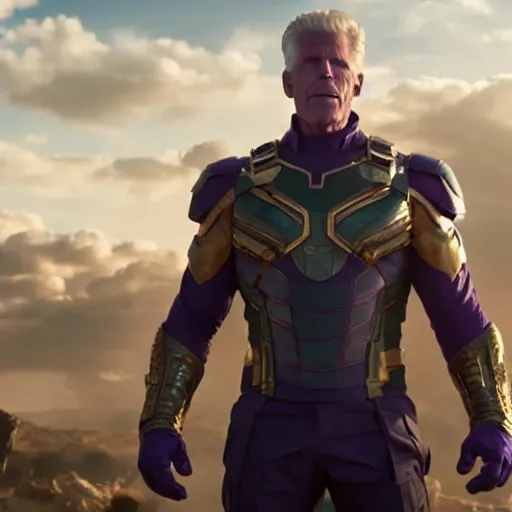 Prompt: ted danson, wearing thanos armour, wearing the infinity gauntlet hd 4k photo, cinematic lighting